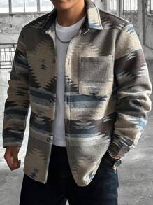 Manfinity Homme 男士几何印花长袖单排扣口袋休闲外套，男士长袖休闲衬衫，男士冬季衬衫，男士图案纽扣衬衫 - 彩色 - 查看 4