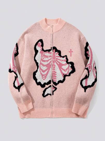 Street Life Suéter casual de hombre con cremallera, estampado de esqueleto y cruz, de hombros caídos y ajuste holgado, para Halloween