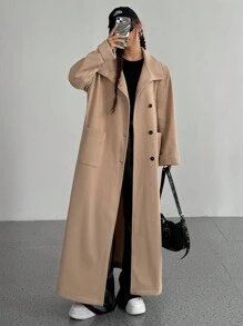 Flirla 女式纯色纽扣前口袋腰带休闲长袖夹克，秋冬 - 杏色 - 查看 4