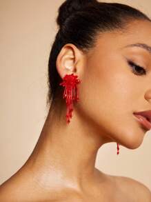 SHEIN BAE 1 Pair Minimalist Solid Color Crystal Tassel Earrings, Casual Daily Wear - Red - View 3