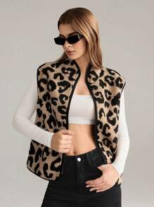 SHEIN Unity New European & American Style French Design Faux Shearling Leopard Print Women Jacket - Multicolor - View 6