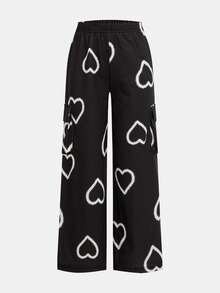 SHEIN Bộ 2 áo nỉ họa tiết trái tim cho bé gái, lớp lót nhung dày, áo hoodie thường ngày phong cách đường phố & quần ống rộng, cỡ lớn - màu đen - Xem 6