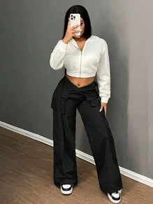 Slaydiva 2024 Herfst/Winter Nieuwe Aankomst Casual Streetwear Cargo Broek, V-vormige Tailleband Met Dubbele Zakken Wijde Broek