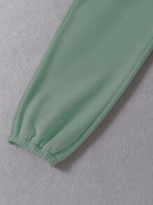 2pcs/Set Teen Girl Plain Front Zip Hoodie Top With Pocket & Pants Casual Tracksuit - Green - View 5