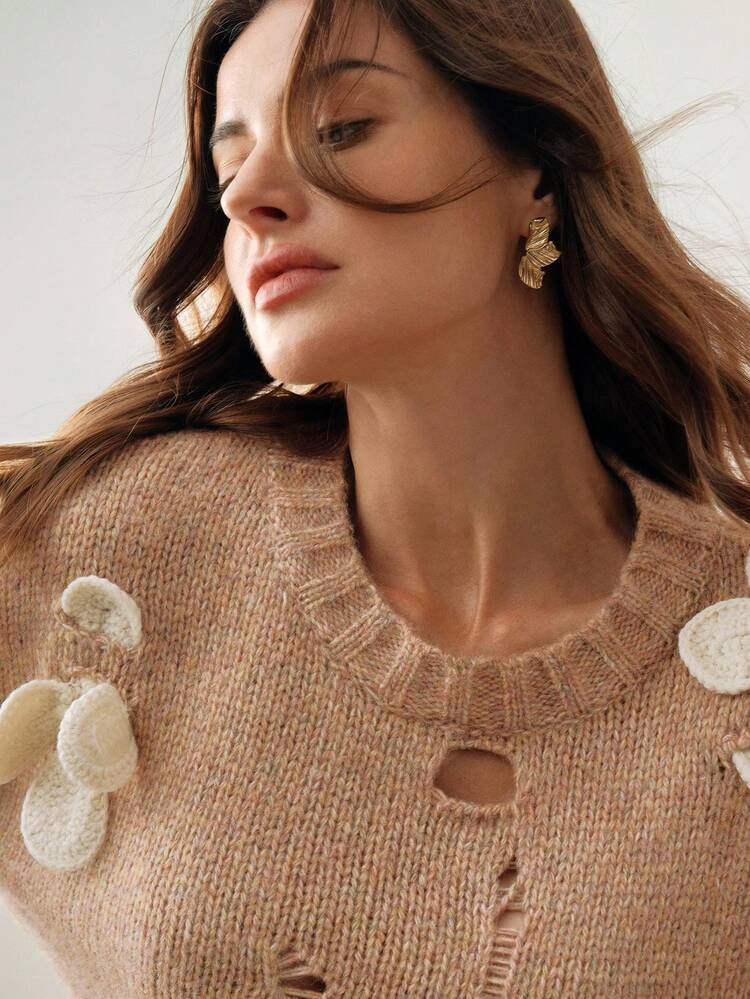 Hand-Crocheted 3D Floral Decor Soft Round Neck Knitted Sweater Fall Winter