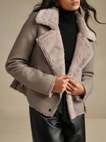 Anewsta 1pc Women Black PU Leather Composite Imitation Rabbit Fur Collar Jacket