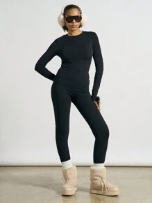 AiiRZ Bộ đồ hai mảnh áo len bó cổ tròn có chi tiết lông tay dài và quần legging - màu đen - Xem 4