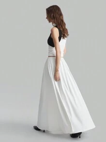 Ontre 2 chiếc/Bộ áo không tay xếp ly thanh lịch màu đen và trắng cho nữ và chân váy, thiết kế tối giản cho mùa thu - Đen và trắng - Xem 2