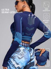 Innovista 女士紧身无缝3D立体线条动态纹理高弹运动卫衣，秋季卫衣，瑜伽健身服，外出上衣，运动上衣，长袖卫衣，秋季女装，户外，滑雪卫衣，秋冬女装，Core Motion秋季新款女式实用时尚，秋冬运动服，条纹设计 - 藍色 - 查看 1