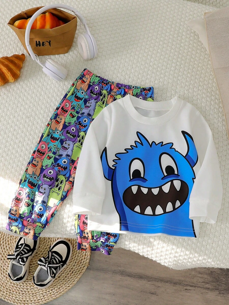 SHEIN 2 件装男婴休闲卡通怪物印花长袖圆领 T 恤和全身印花长裤套装，春秋季 - 白色 - 查看 1