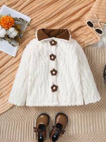 SHEIN Jacke für Kleine Mädchen, aus Fleecematerial, Farbblock in Braun Beige, Klapppkragen, braune Taschen, Blumenknöpfe, ländlicher lässiger Retrostil, geeignet für Herbst und Winter