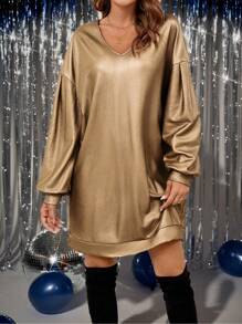 SHEIN Essnce Rochie de damă, mâneci felinar, decolteu în V, largi, sclipici, culoare uni, mini rochie, îmbrăcăminte de stradă șic, elegantă, sclipicioasă mâneci felinare oversize casual elegant High Street toamnă iarnă costum de zână rochie rochie de petrecere - Kaki - Vizualizare 3