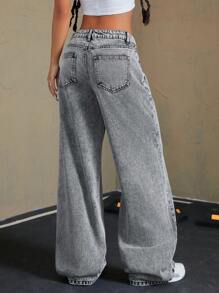 SHEIN ICON Pantalones largos de mezclilla con múltiples bolsillos y botones al frente, para uso casual diario - Gris - Ver 2