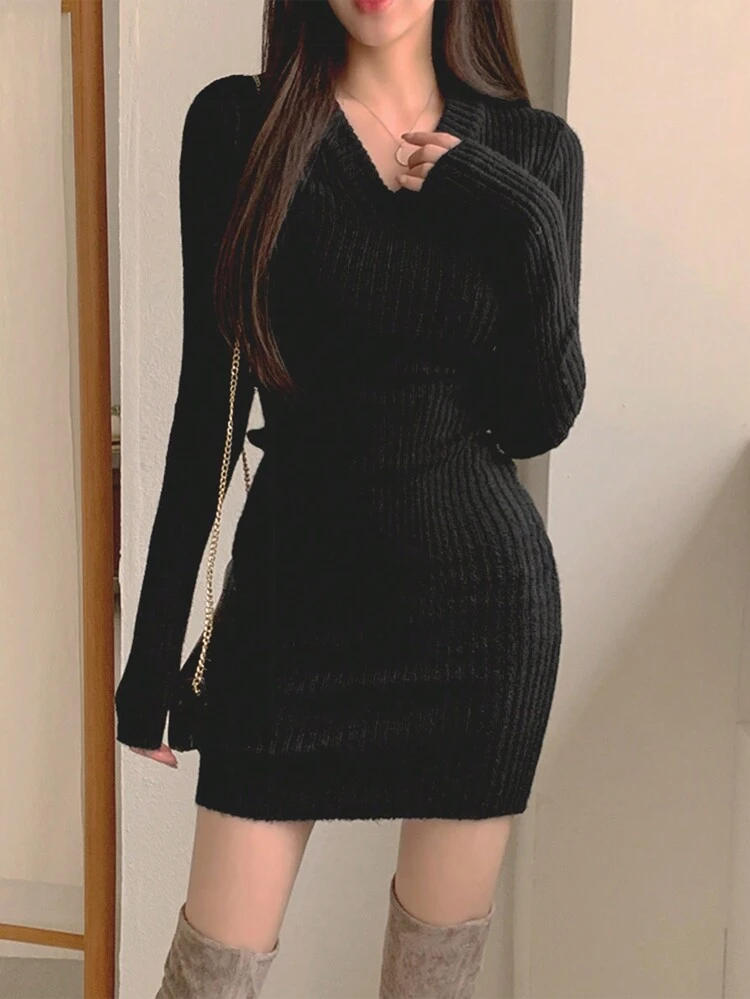 Women V-Neck Fitted Waist Sweater Dress,Fall Women Clothes
