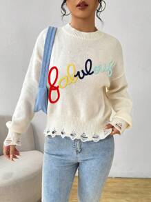 SHEIN Unity Women's Crew Neck Letter Embroidery Casual Loose Knit Sweater Knit Pullover Fall Winter - Beige - View 7