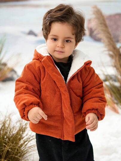 Baby Boy Thickened Hooded Fashionable Reddish Brown Warm And Comfortable Thermal Lined Winter Coat, For Daily Wear Or Outdoor Activities, Winter Clothes