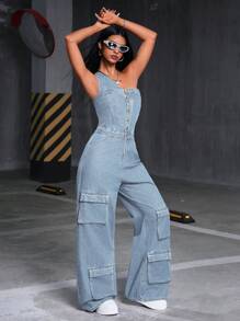 SHEIN ICON Damen Sommer lässiger Streetstyle Knopfverschluss Weites Bein Denim Jumpsuit - Mittele Waschung - Übersicht 6