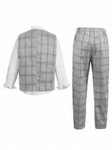 SHEIN 2 件套青少年男孩套装 - 灰色格子背心和裤子，不含衬衫 - 灰色 - 查看 2