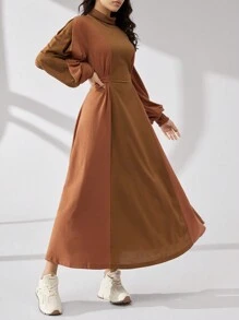 Seusyu Women Casual Contrast Color Block Drawstring Hem Hooded Long Sweatshirt Dress, Autumn/Winter - Brown - View 7