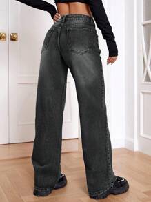 SHEIN EZwear 女士休闲宽松直筒牛仔裤，带口袋 - 黑色 - 查看 2