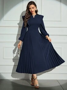 Modelyn 女士优雅纯色褶皱下摆连衣裙，秋季长款晚礼服