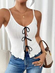 SHEIN Frenchy Camiseta de tirantes de mujer en de verano con contraste de color y ribete de lechuga con lazo