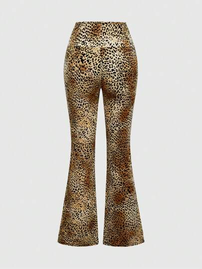 Pantalon évasé à taille haute style hippie chic à imprimé léopard pour femmes