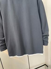 SHEIN Áo thun cổ tròn màu xám kết hợp màu trắng cho bé trai tuổi teen, đa năng & tối giản, phù hợp với mùa thu/đông, phong cách đại học - Xám - Xem 6