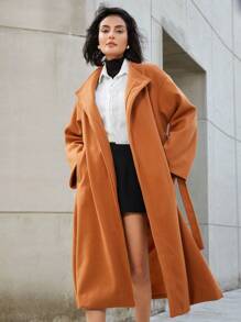 GENKIRA Abrigo largo para mujer de estilo retro y chic francés sin cuello con cinturón de hebilla de metal para otoño - Camel - Ver 2