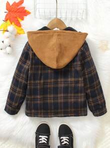 年轻男孩休闲保暖连帽格子胸口袋长袖夹克，适合秋冬季