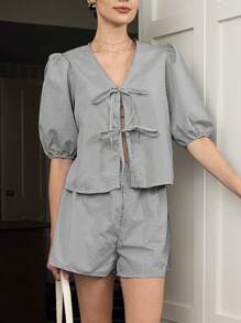 INAWLY 2 pièces/Set Top à manches bouffantes avec nœud devant et short décontracté pour femmes grande taille en tartan - Noir et Blanc - Voir 4