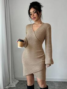 SHEIN Unity Women's V-Neck Lantern Sleeve Pleated Waist Casual Dress, Elegant Style For Autumn/Winter - Khaki - View 5