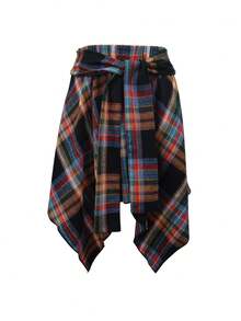 女式打结腰部不对称下摆格子休闲迷你裙