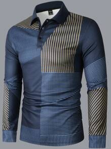 Manfinity Homme Camisa polo de manga larga con cuello, estampado de parche y diseño casual de negocios para hombres, para el trabajo