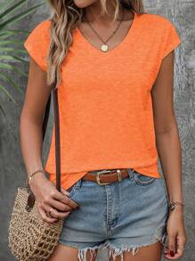 SHEIN LUNE 女式纯色简约 V 领蝙蝠袖宽松 T 恤，夏季 - 橘色 - 查看 1
