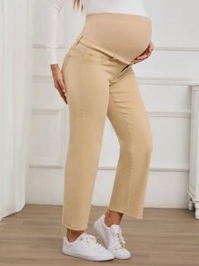 SHEIN Pantalones vaqueros rectos y sueltos de unicolor para maternidad, para primavera y otoño - Caqui - Ver 6