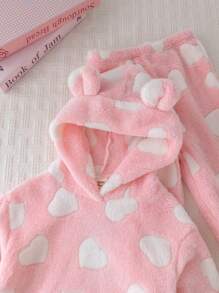 Cozy Pixies 2 件套女婴毛绒连帽运动衫，带 3D 耳朵和裤子套装，冬季服装 - 粉色 - 查看 4