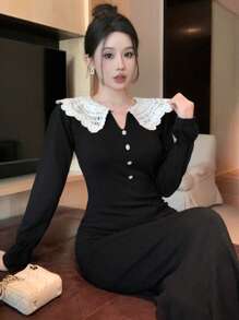 DAZY Damen Rollkragen Farbblock Langarm figurbetonte elegante Pulloverkleid, Herbst/Winter, Silvester, Herbstmode Abendkleid - Schwarz - Übersicht 4