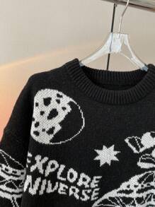 SHEIN Teen Boys' Casual Black & White Astronaut, Spaceship, UFO, Rocket, Moon Print Crew Neck Long Sleeve Sweater, Suitable For Autumn, Winter, Warmth, School, Home, Daily, Sports, Versatile, Layering - Black - View 4