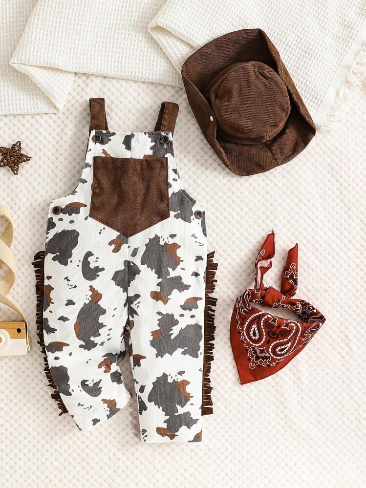 SHEIN Playful Pals Babyjongen 2 stuks Western Style Cowboy Casual, Veelzijdig, Schattig & Western Ranch Patroon Bedrukte Zak Overalls Franje Versierde Jumpsuit En Rode Bandana Zonder Schaduw Western Style Cowboy Hoed Kleding, Babyjongenskleding - Wit - Bekijken 1