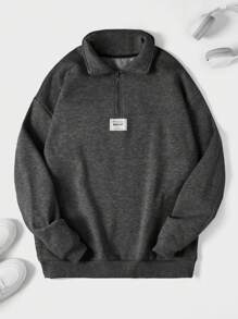 EURMUSE Cotton Men Letter Patched Quarter Zip Sweatshirt - Dark Grey - View 1