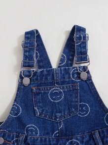 年轻女孩牛仔背带裤和连体裤，可爱笑脸设计，大口袋，宽松牛仔工装裤 - 藍色 - 查看 7