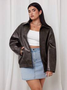 SHEIN EZwear Chaqueta de estilo vintage punk rock con solapa desgastada, para mujer talla grande, apta para otoño/invierno - Marrón - Ver 5