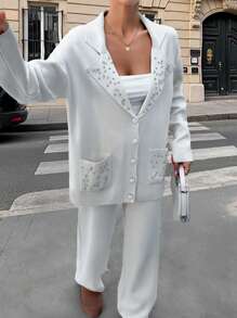 RueChic 2 Pcs Button Pearl Detail Cardigan And Pant - Beige - View 5