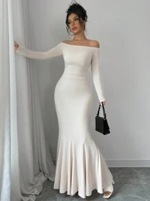 Chiquease 1 件纯色露肩荷叶边鱼尾下摆修身连衣裙，适合女士，秋季长款女装 - 米色 - 查看 5