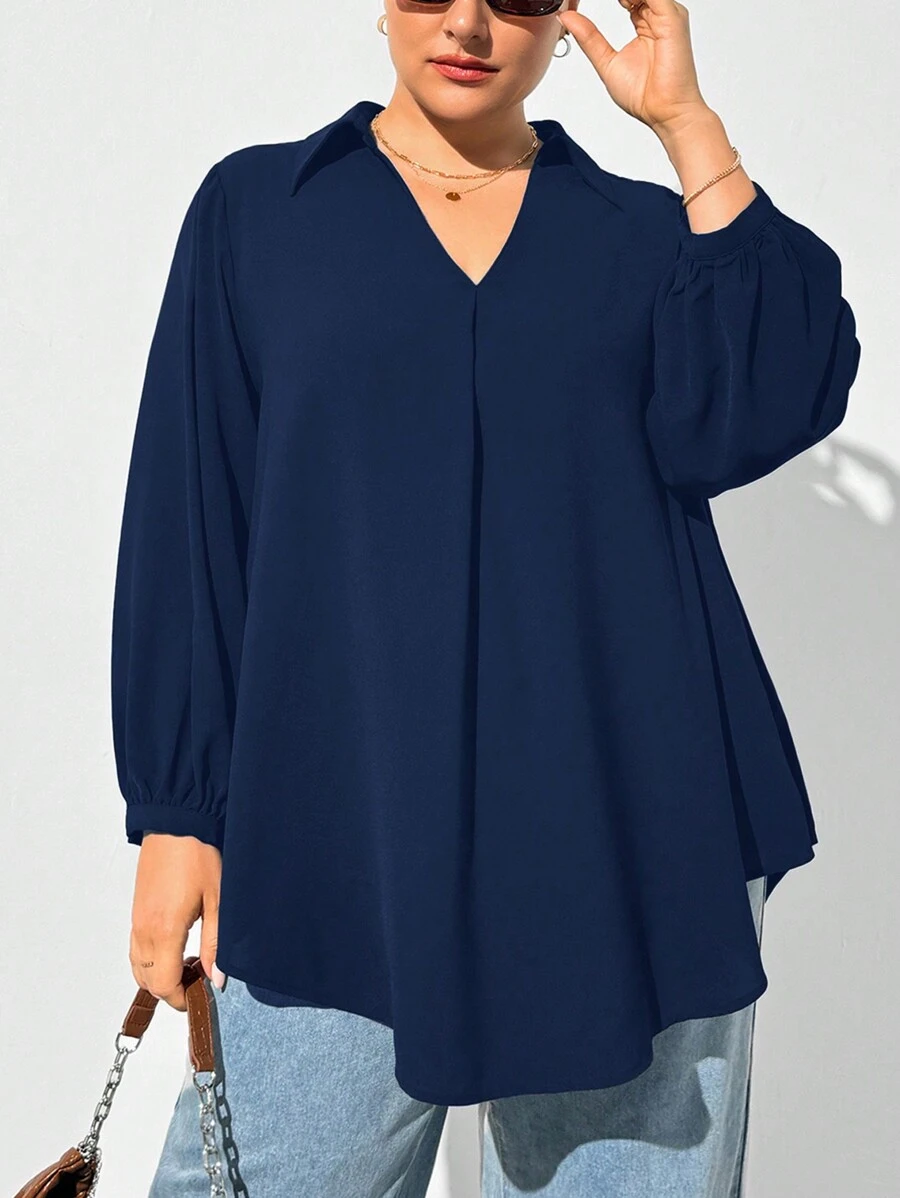 SHEIN Essnce 大码女式秋冬休闲宽松舒适 V 领深蓝色长袖衬衫、秋季女装、女式衬衫、曲线上衣、老款、黑色上衣、商务休闲女装、女士办公室装、女士服装、女士上衣、返校节、教师、工作上衣 - 藏蓝色 - 查看 1