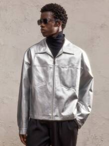 AKNOTIC Party 1 chiếc Áo khoác nam dệt dáng ôm vừa vặn cổ đứng tay dài hở phía trước, thích hợp mặc hàng ngày - Bạc - Xem 3