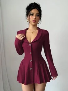 Elenzga Blazer largo de línea A con cuello con forma de corazón, plisado y ajustado a la cintura