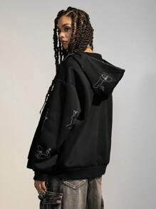 SHEIN EZwear Sudadera con capucha minimalista para mujer con cremallera frontal, manga larga y decoración de rhinestones