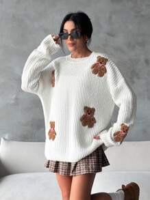 EURMUSE Women Round Neck Oversize Drop Shoulder 3d Mini Teddy Bear Patched Pattern Cute Drop Shoulder Sweater Pullover - White - View 3